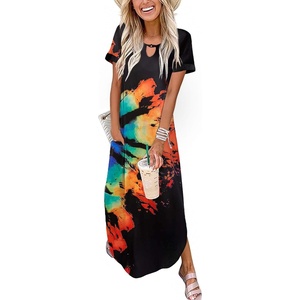 Zeagoo Womens Maxi Summer Dress with Pockets Casual Short Sleeve Sundress Trendy 2026 Curve Hem Long Dress(Black-printed-01)