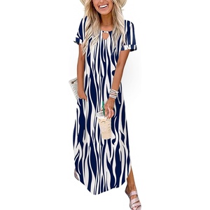 Zeagoo Womens Maxi Summer Dress with Pockets Casual Short Sleeve Sundress Trendy 2026 Curve Hem Long Dress(Blue Printed-01)