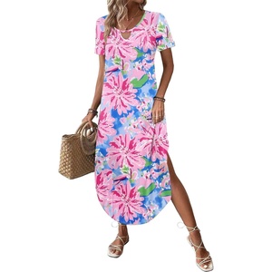 Zeagoo Womens Maxi Summer Dress with Pockets Casual Short Sleeve Sundress Trendy 2026 Curve Hem Long Dress(Pink Floral-02)