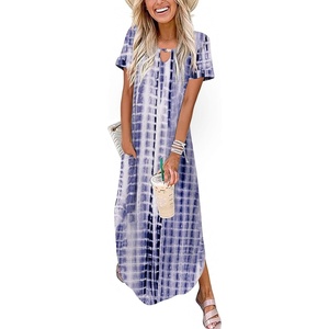 Zeagoo Womens Maxi Summer Dress with Pockets Casual Short Sleeve Sundress Trendy 2026 Curve Hem Long Dress(White-printed)