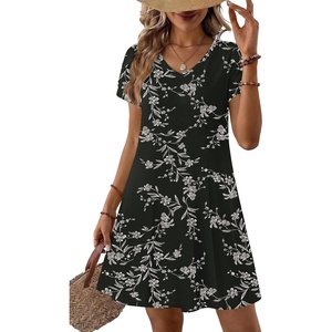 Zeagoo Womens Summer A-Line Dress with Pockets Mini Short Sleeve Dresses Flowy Beach Swing Dress 2026 Vacation Travel(Black Print)