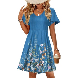 Zeagoo Womens Summer Dress Casual Swing Sundresses Floral Ruffle Short Sleeve Wedding Guest Dress Beach Mini Dress 2026(Blue Sf223)