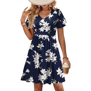 Zeagoo Womens Summer Dress Casual Swing Sundresses Floral Ruffle Short Sleeve Wedding Guest Dress Beach Mini Dress 2026(Dark Blue Floral)