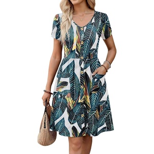 Zeagoo Womens Summer Dress Mini Petal Short Sleeve Dresses Pleated Button Down V Neck Floral Beach Swing Vacation Dress 2026(Blue Leaf)