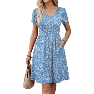 Zeagoo Womens Summer Dress Mini Petal Short Sleeve Dresses Pleated Button Down V Neck Floral Beach Swing Vacation Dress 2026(Floral Blue)