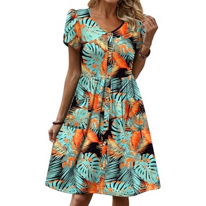 Zeagoo Womens Summer Dress Mini Petal Short Sleeve Dresses Pleated Button Down V Neck Floral Beach Swing Vacation Dress 2026(Leaf Blue Red)