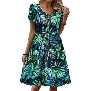 Zeagoo Womens Summer Dress Mini Petal Short Sleeve Dresses Pleated Button Down V Neck Floral Beach Swing Vacation Dress 2026(Leaf Green 2)
