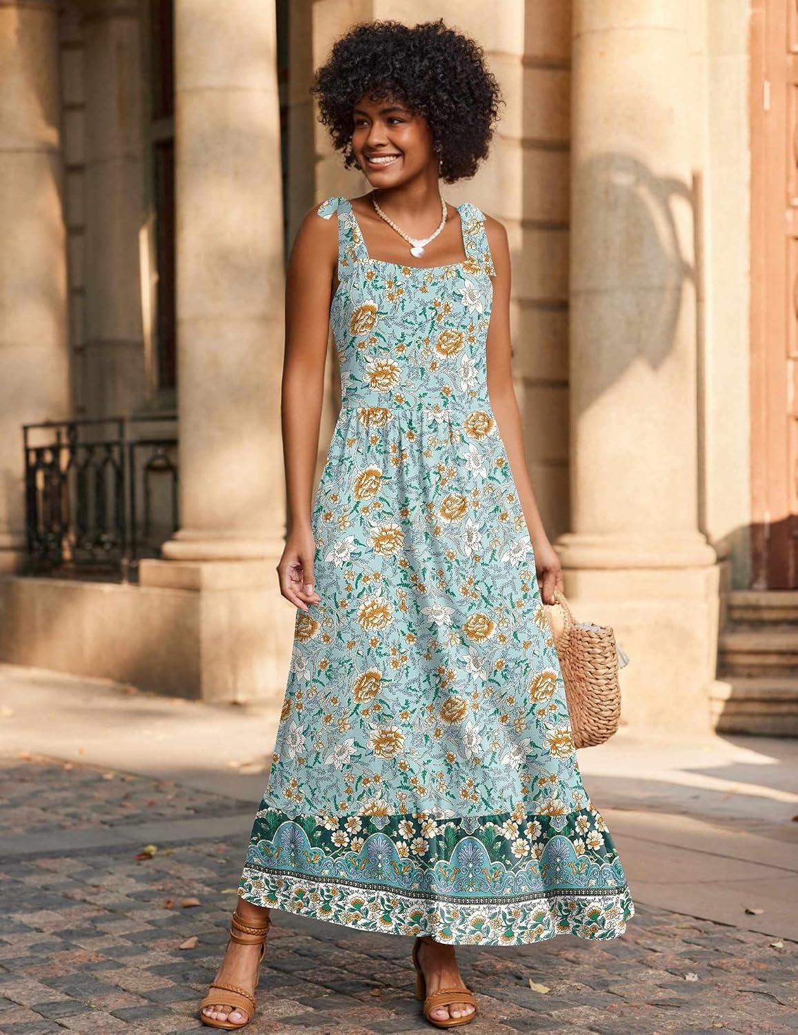 image:imageZeagoo Women Summer Maxi Dress with Pockets 2025 Spaghetti Strap Sundress Casual Flowy Boho Dress Floral Tiered Beach DressGreen Flower