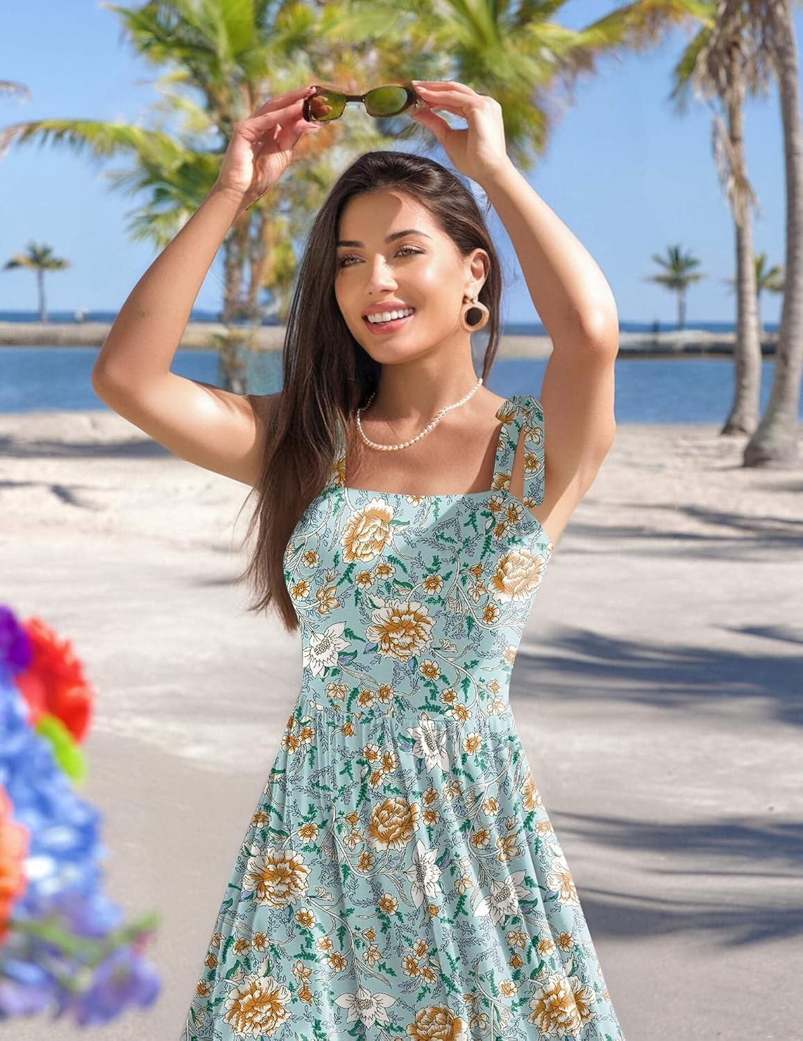 image:imageZeagoo Women Summer Maxi Dress with Pockets 2025 Spaghetti Strap Sundress Casual Flowy Boho Dress Floral Tiered Beach DressGreen Flower
