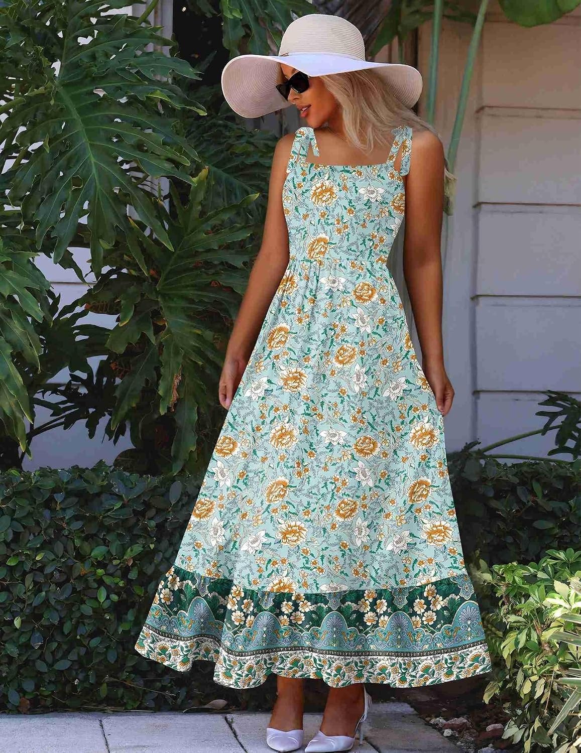 image:imageZeagoo Women Summer Maxi Dress with Pockets 2025 Spaghetti Strap Sundress Casual Flowy Boho Dress Floral Tiered Beach DressGreen Flower
