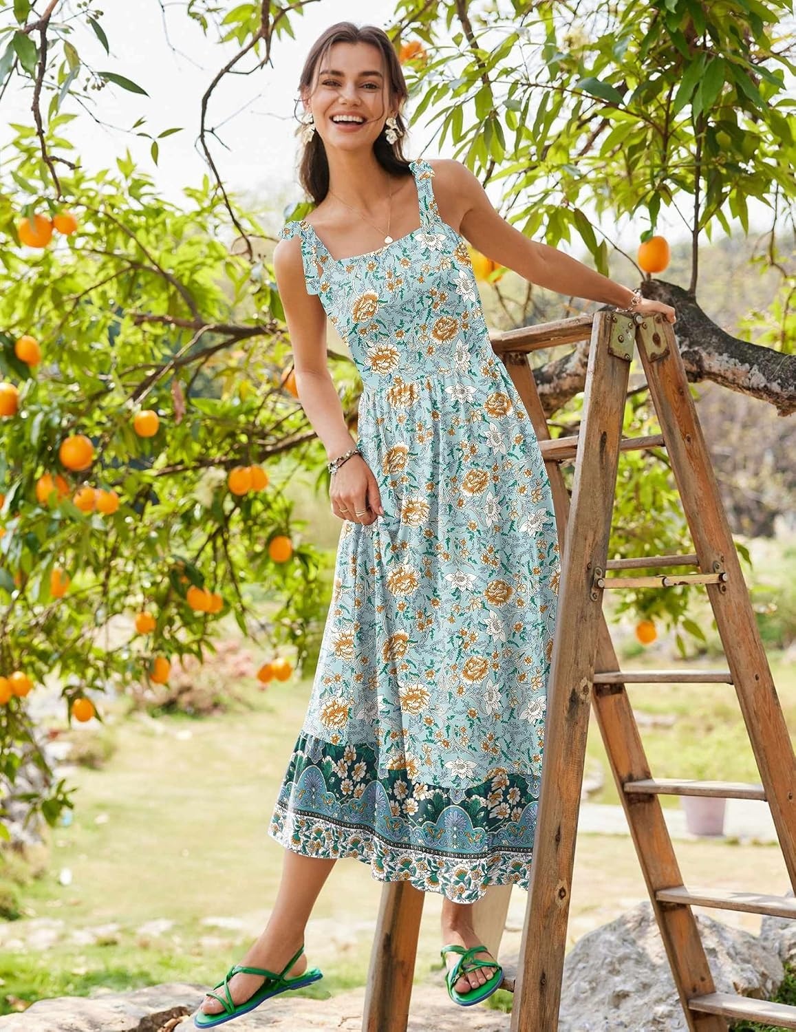 image:imageZeagoo Women Summer Maxi Dress with Pockets 2025 Spaghetti Strap Sundress Casual Flowy Boho Dress Floral Tiered Beach DressGreen Flower