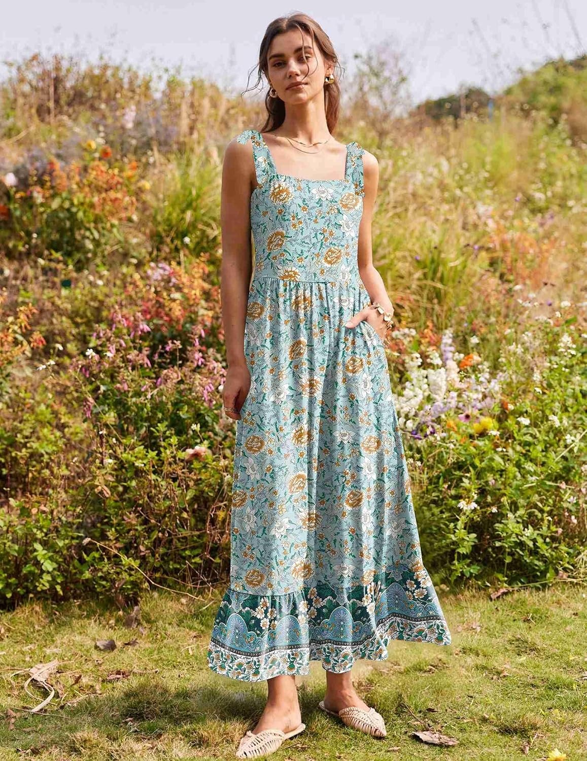 image:imageZeagoo Women Summer Maxi Dress with Pockets 2025 Spaghetti Strap Sundress Casual Flowy Boho Dress Floral Tiered Beach DressGreen Flower