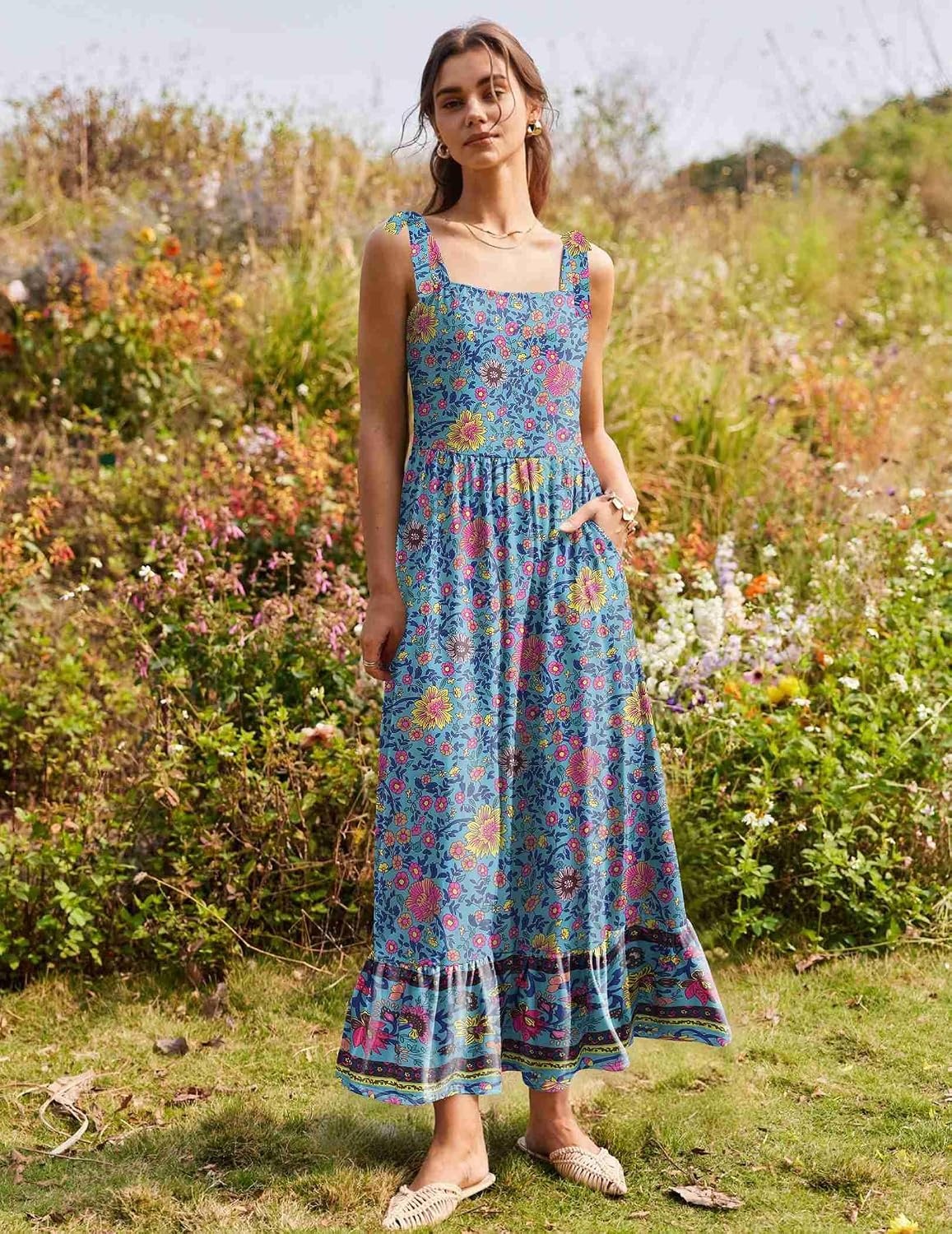 image:imageZeagoo Women Summer Maxi Dress with Pockets 2025 Spaghetti Strap Sundress Casual Flowy Boho Dress Floral Tiered Beach DressPattern1