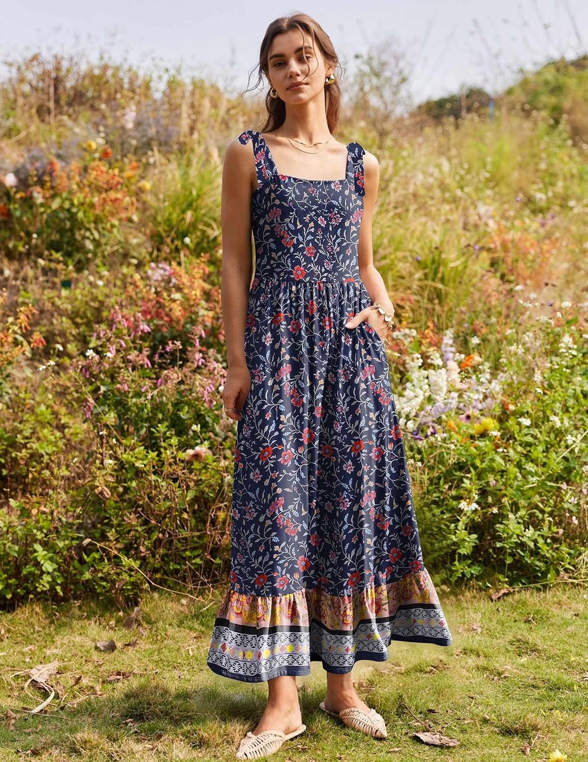 image:imageZeagoo Women Summer Maxi Dress with Pockets 2025 Spaghetti Strap Sundress Casual Flowy Boho Dress Floral Tiered Beach DressPattern11