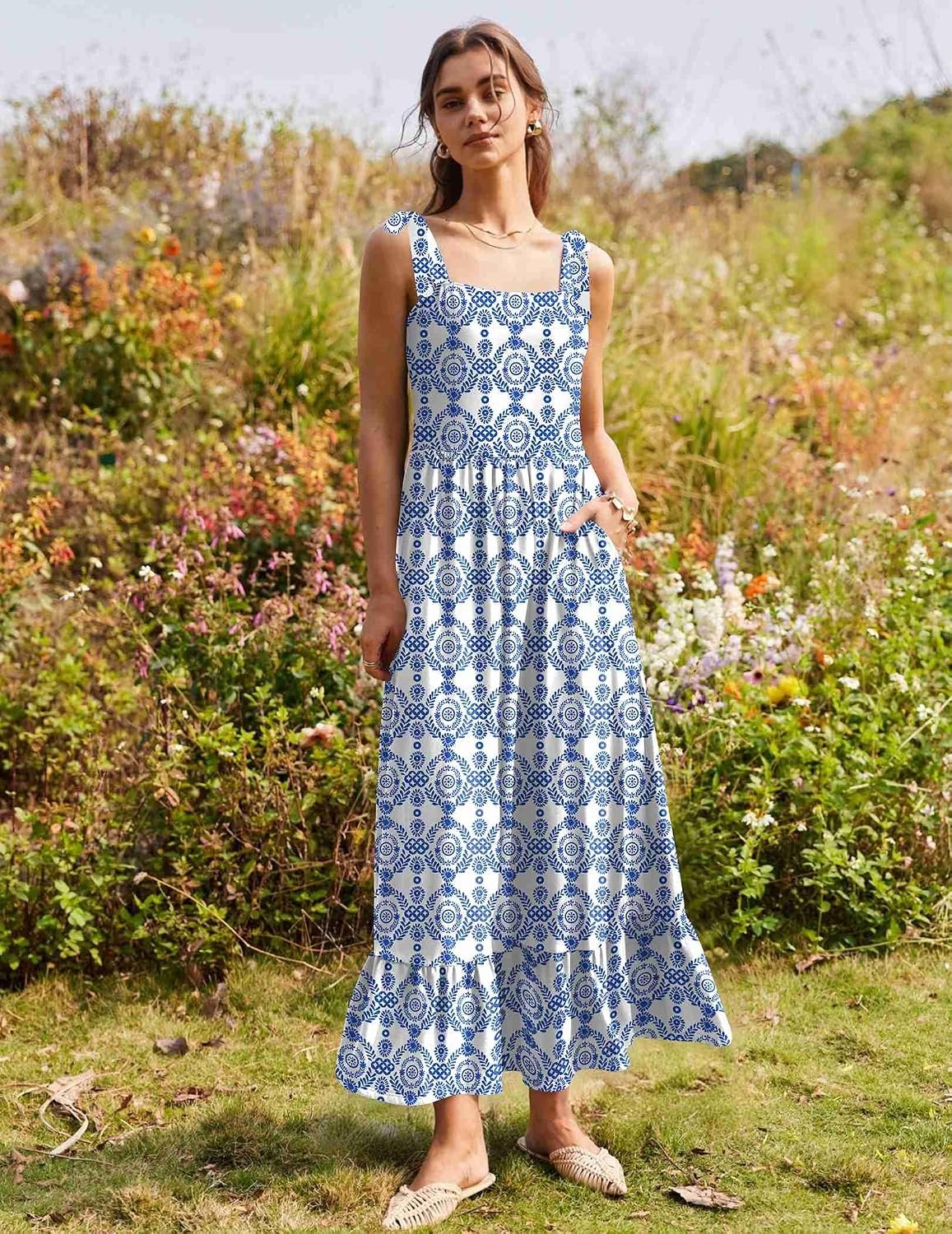image:imageZeagoo Women Summer Maxi Dress with Pockets 2025 Spaghetti Strap Sundress Casual Flowy Boho Dress Floral Tiered Beach DressPattern9