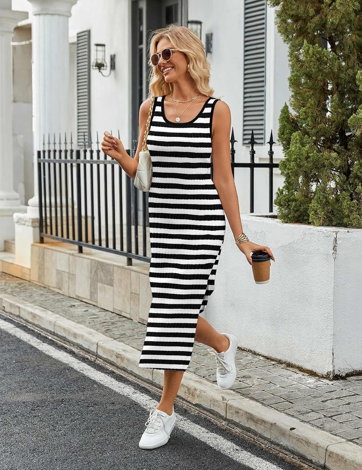 image:imageZeagoo Womens Casual Summer Dress Sleeveless Striped Midi Dresses Beach Vacation Bodycon Knit Side Slit Tank SundressesBlack and White Striped