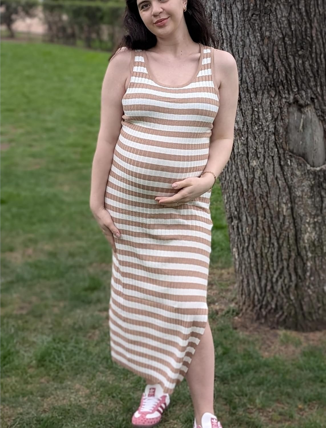 image:imageZeagoo Womens Casual Summer Dress Sleeveless Striped Midi Dresses Beach Vacation Bodycon Knit Side Slit Tank SundressesBrown and White Striped