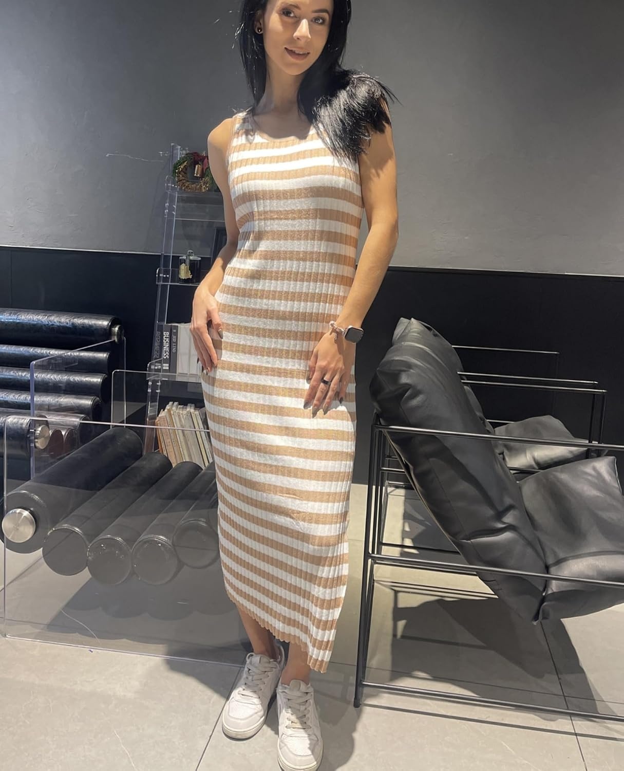 image:imageZeagoo Womens Casual Summer Dress Sleeveless Striped Midi Dresses Beach Vacation Bodycon Knit Side Slit Tank SundressesBrown and White Striped