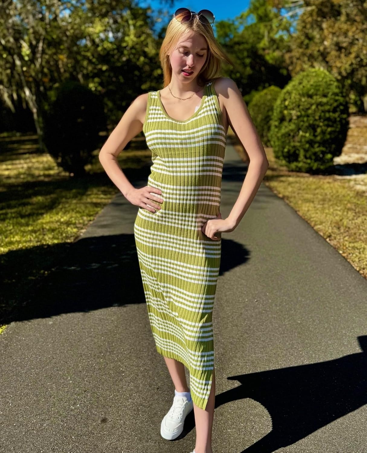 image:imageZeagoo Womens Casual Summer Dress Sleeveless Striped Midi Dresses Beach Vacation Bodycon Knit Side Slit Tank SundressesGreen and White Striped