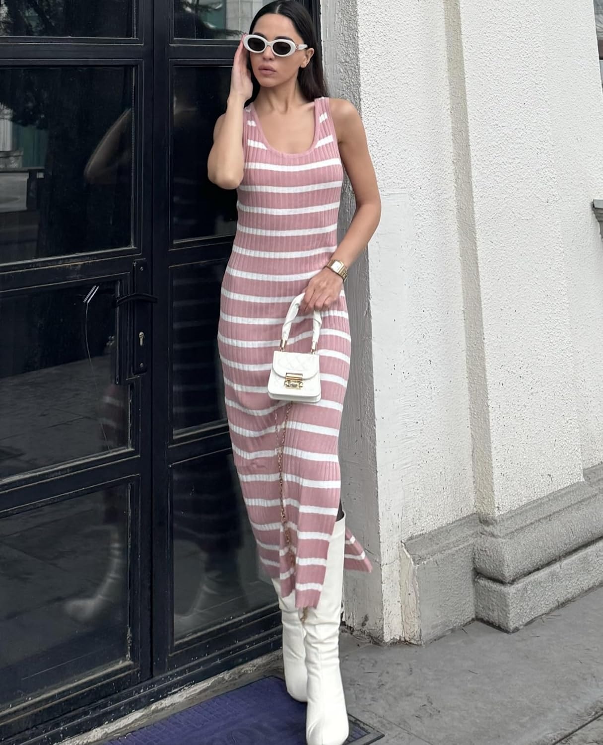 image:imageZeagoo Womens Casual Summer Dress Sleeveless Striped Midi Dresses Beach Vacation Bodycon Knit Side Slit Tank SundressesPink and White Striped