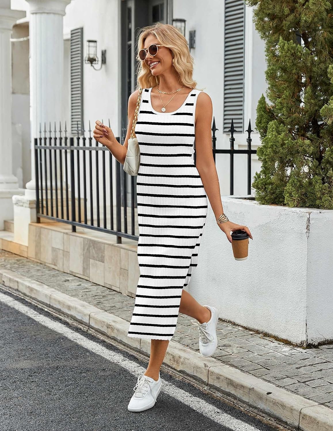 image:imageZeagoo Womens Casual Summer Dress Sleeveless Striped Midi Dresses Beach Vacation Bodycon Knit Side Slit Tank SundressesWhite and Black Striped