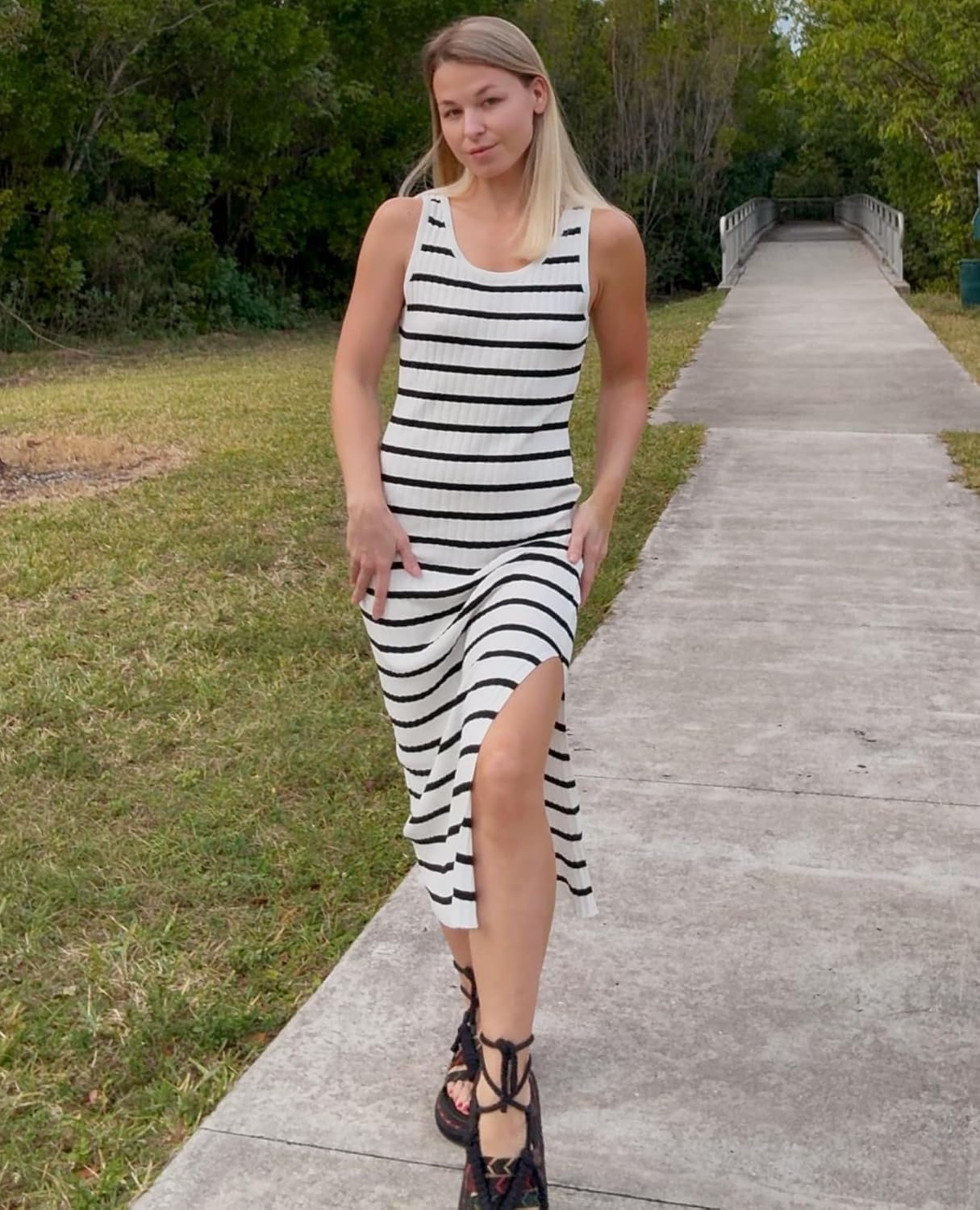 image:imageZeagoo Womens Casual Summer Dress Sleeveless Striped Midi Dresses Beach Vacation Bodycon Knit Side Slit Tank SundressesWhite and Black Striped