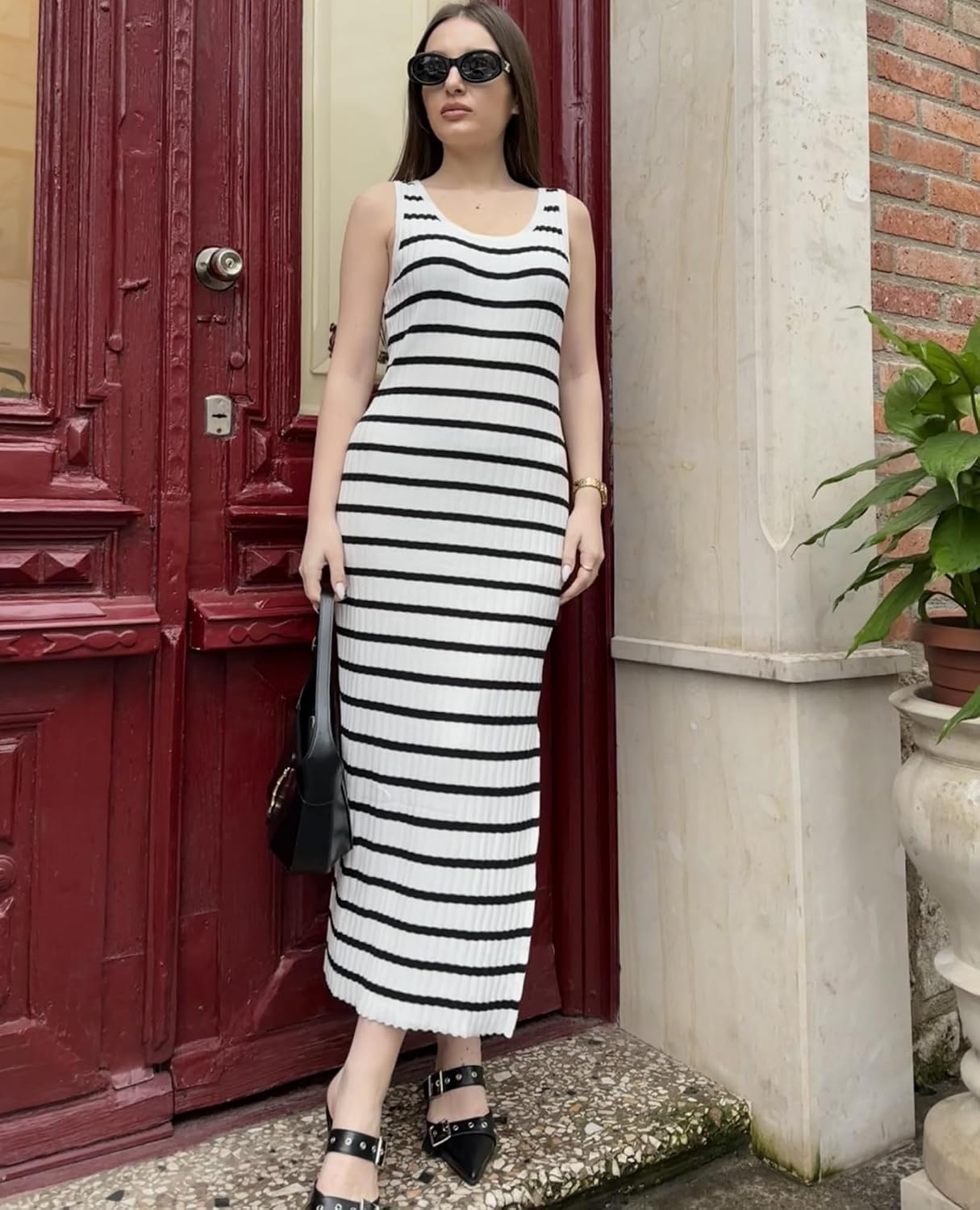 image:imageZeagoo Womens Casual Summer Dress Sleeveless Striped Midi Dresses Beach Vacation Bodycon Knit Side Slit Tank SundressesWhite and Black Striped