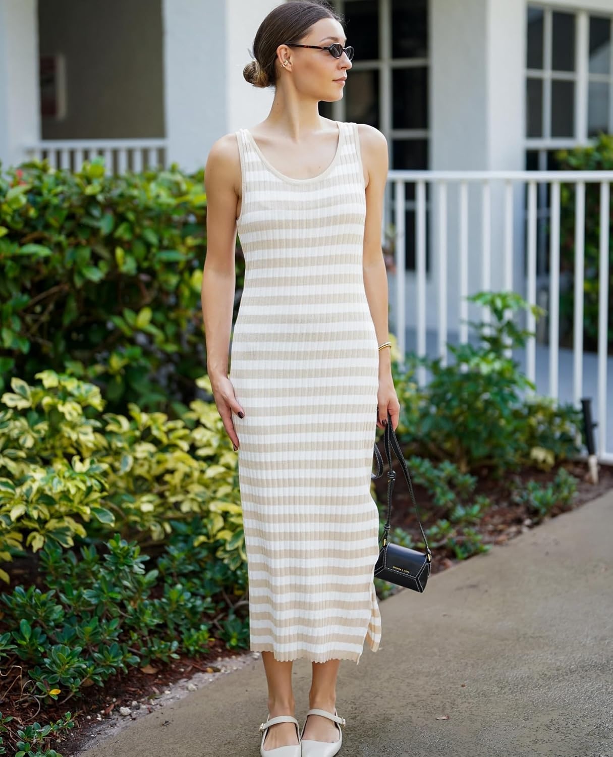 image:imageZeagoo Womens Casual Summer Dress Sleeveless Striped Midi Dresses Beach Vacation Bodycon Knit Side Slit Tank SundressesYellow and White Striped