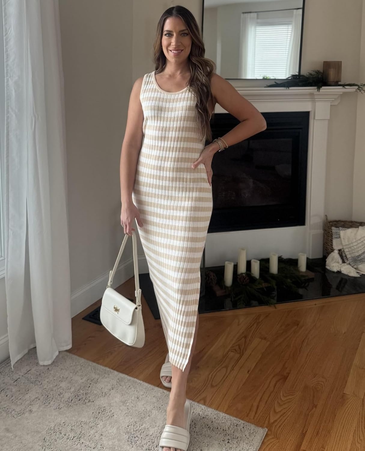 image:imageZeagoo Womens Casual Summer Dress Sleeveless Striped Midi Dresses Beach Vacation Bodycon Knit Side Slit Tank SundressesYellow and White Striped