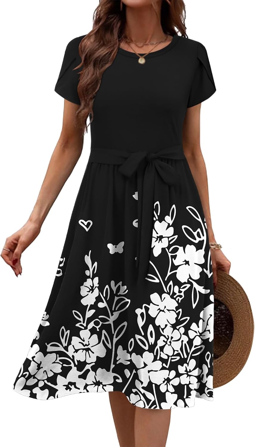 image:imageZeagoo Womens Midi Dress Summer Short Sleeve Dress with Pockets 2025 Casual Floral TShirt Dress Flowy Beach SundressBlack Floral04