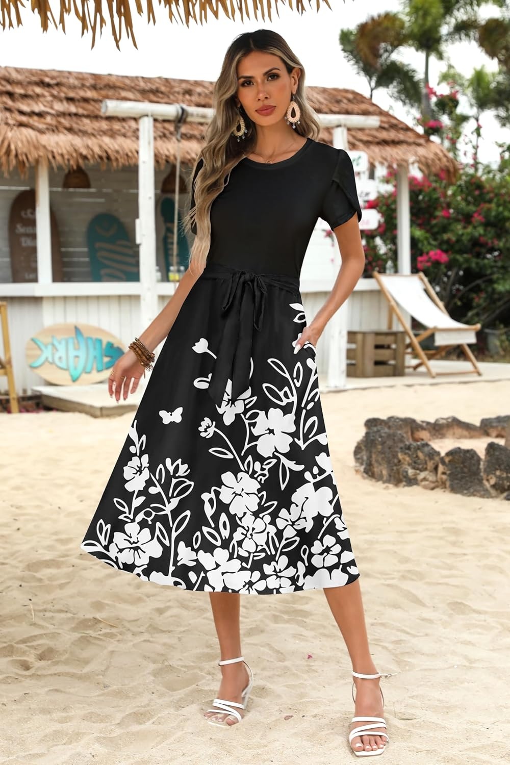image:imageZeagoo Womens Midi Dress Summer Short Sleeve Dress with Pockets 2025 Casual Floral TShirt Dress Flowy Beach SundressBlack Floral04