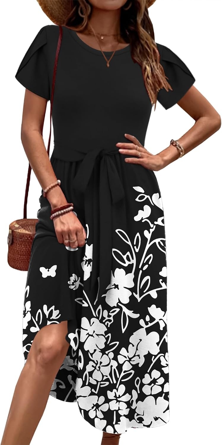 image:imageZeagoo Womens Midi Dress Summer Short Sleeve Dress with Pockets 2025 Casual Floral TShirt Dress Flowy Beach SundressBlack Floral04