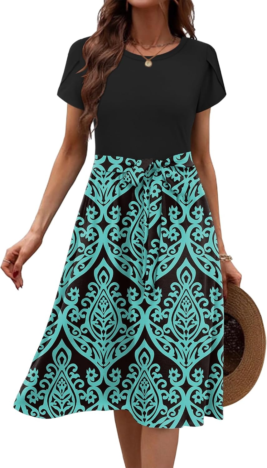 image:imageZeagoo Womens Midi Dress Summer Short Sleeve Dress with Pockets 2025 Casual Floral TShirt Dress Flowy Beach SundressBlackblue Floral
