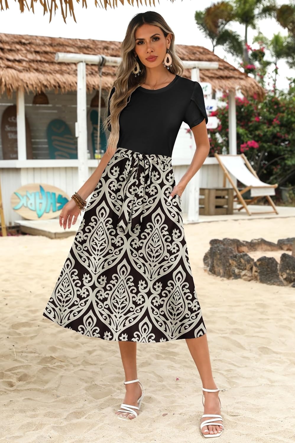 image:imageZeagoo Womens Midi Dress Summer Short Sleeve Dress with Pockets 2025 Casual Floral TShirt Dress Flowy Beach SundressBlackfloral02
