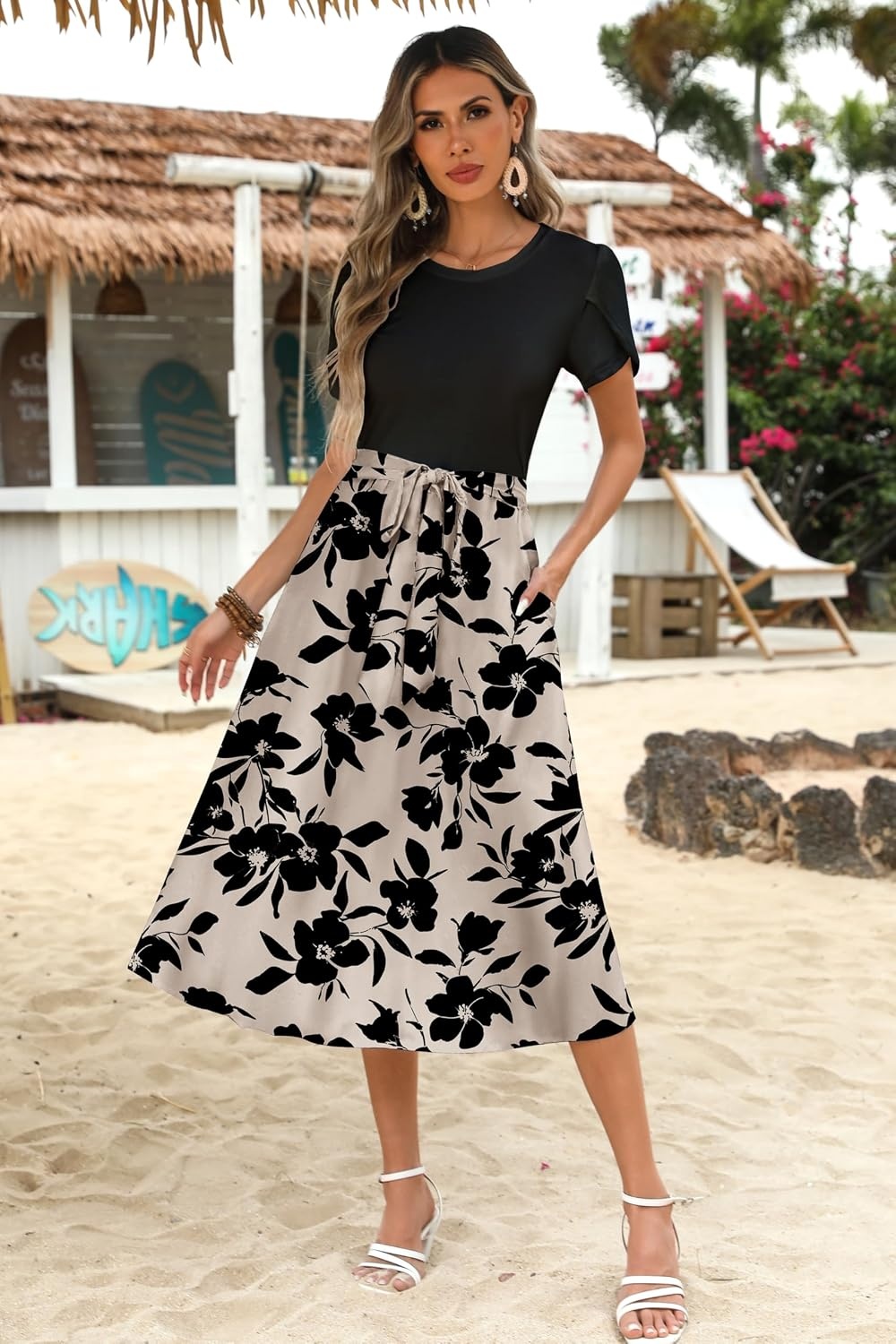 image:imageZeagoo Womens Midi Dress Summer Short Sleeve Dress with Pockets 2025 Casual Floral TShirt Dress Flowy Beach SundressBlackfloral03