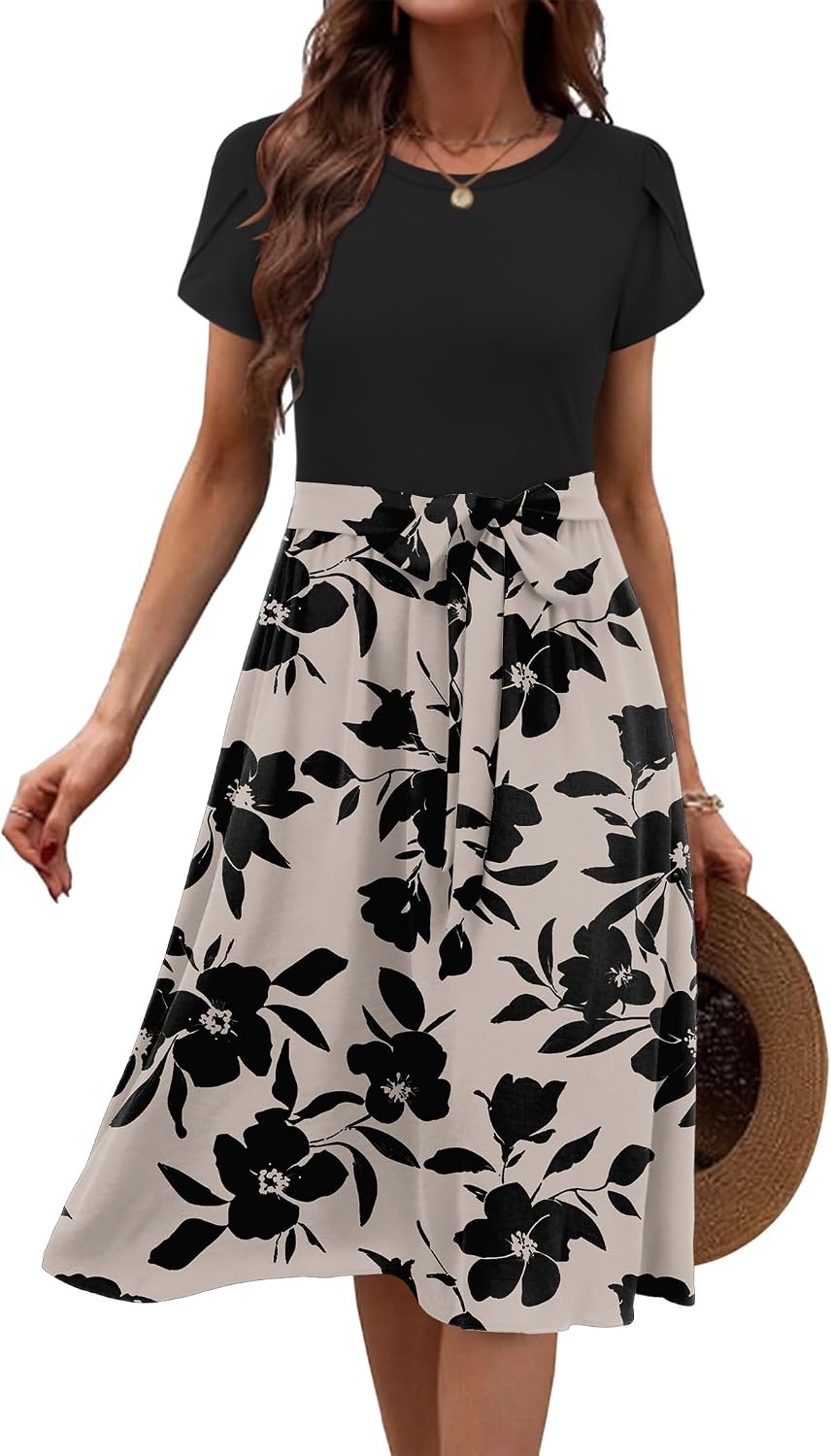image:imageZeagoo Womens Midi Dress Summer Short Sleeve Dress with Pockets 2025 Casual Floral TShirt Dress Flowy Beach SundressBlackfloral03