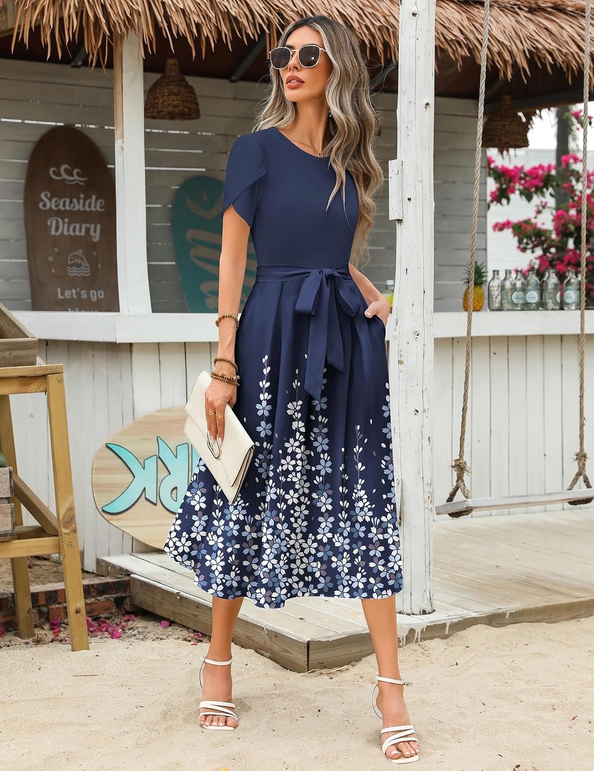 image:imageZeagoo Womens Midi Dress Summer Short Sleeve Dress with Pockets 2025 Casual Floral TShirt Dress Flowy Beach SundressFloralsf119