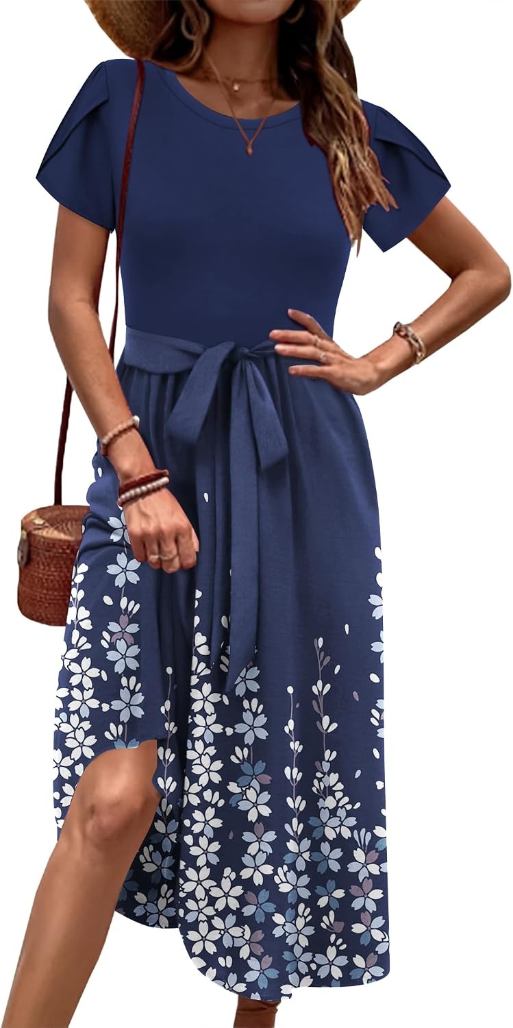 image:imageZeagoo Womens Midi Dress Summer Short Sleeve Dress with Pockets 2025 Casual Floral TShirt Dress Flowy Beach SundressFloralsf119