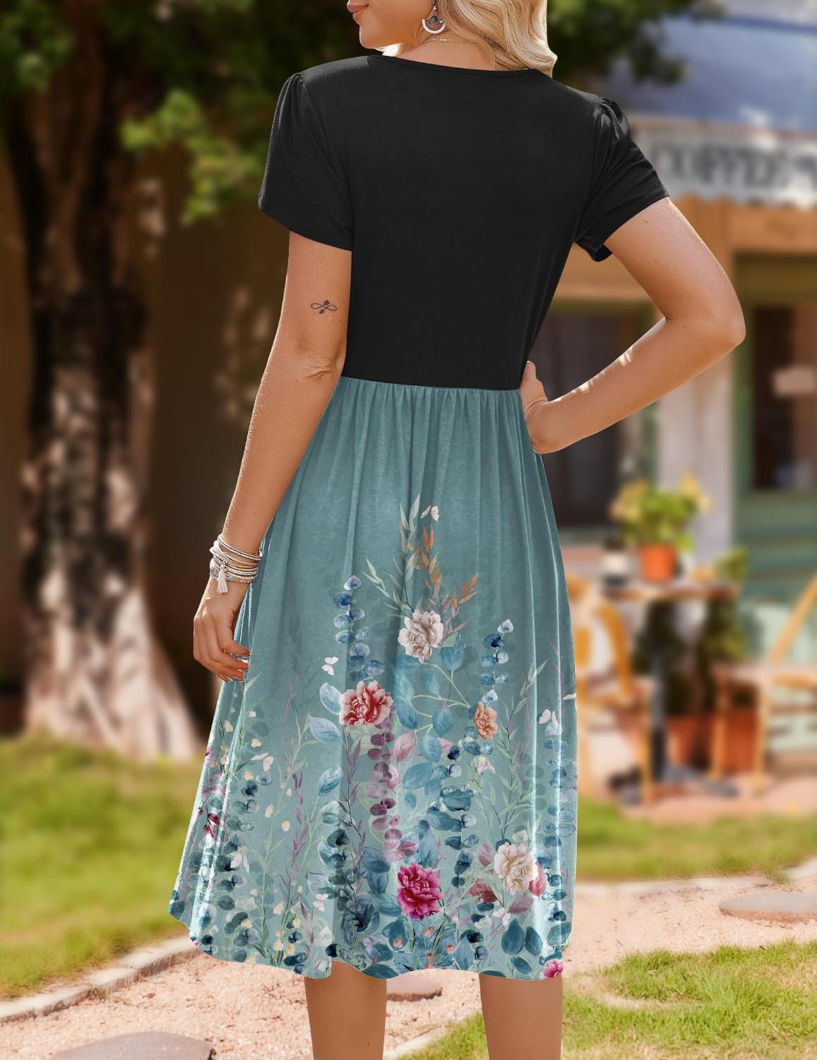 image:imageZeagoo Womens Midi Dress Summer Short Sleeve Dress with Pockets 2025 Casual Floral TShirt Dress Flowy Beach SundressGreen Floral