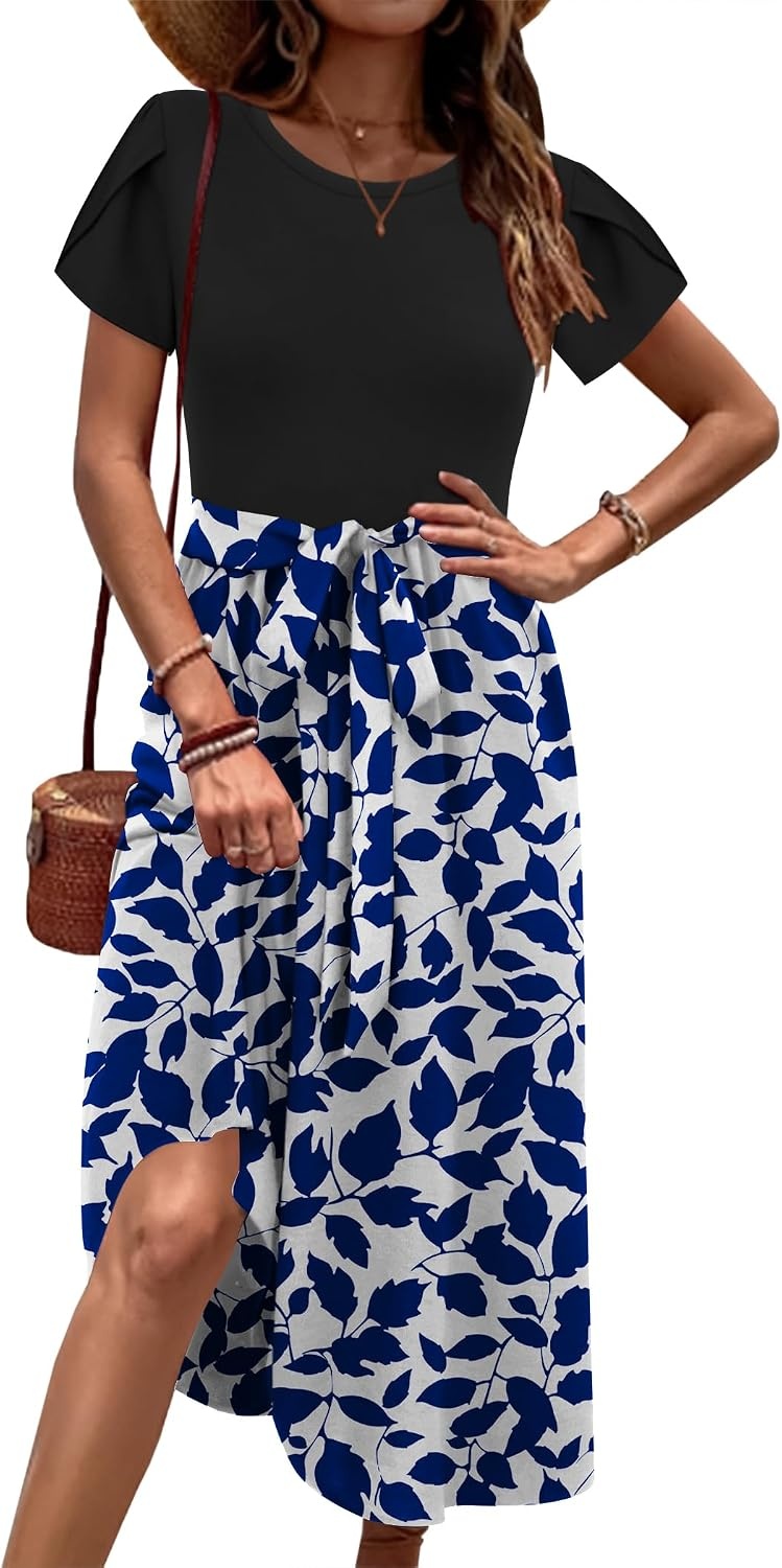 image:imageZeagoo Womens Midi Dress Summer Short Sleeve Dress with Pockets 2025 Casual Floral TShirt Dress Flowy Beach SundressLeaf Print1