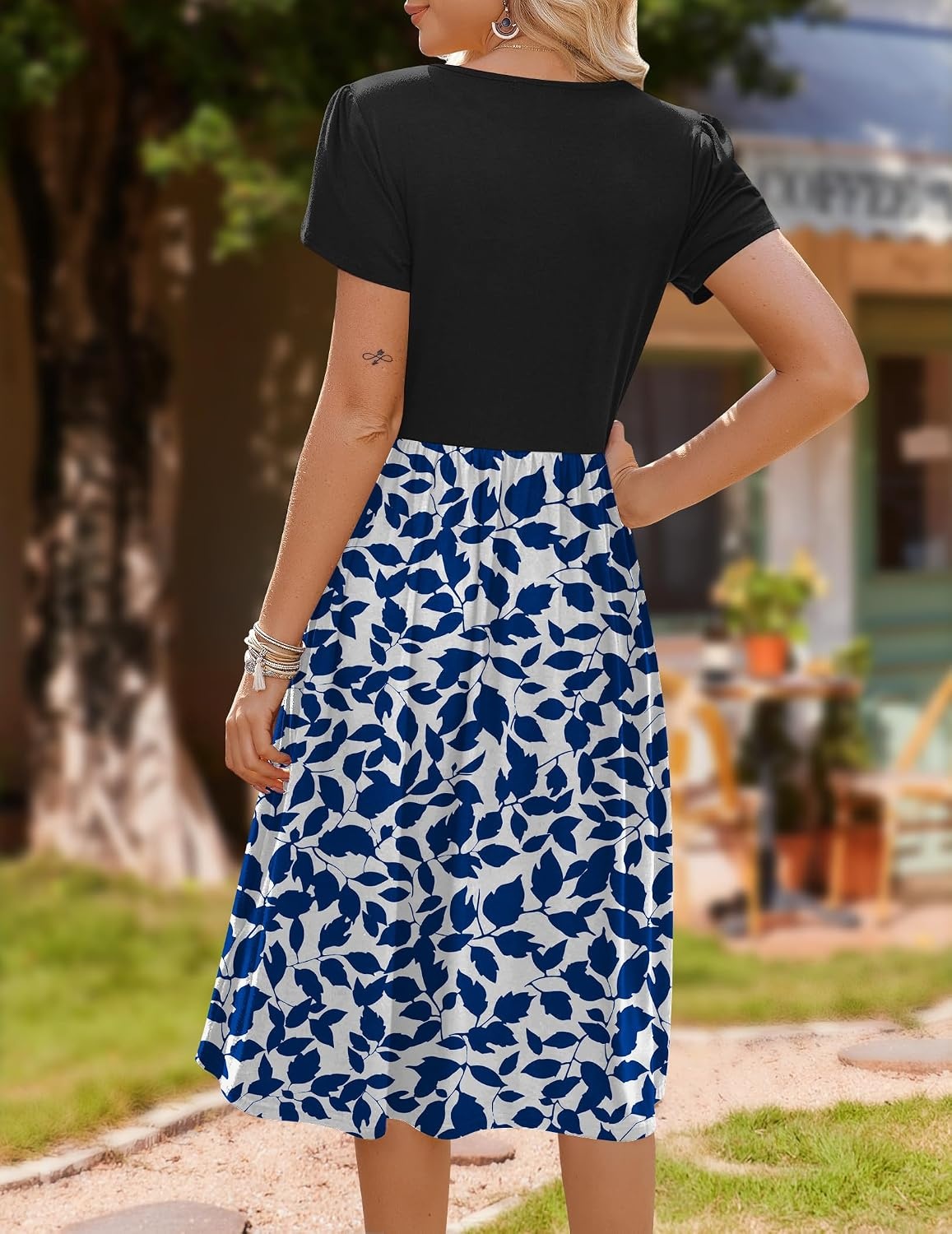 image:imageZeagoo Womens Midi Dress Summer Short Sleeve Dress with Pockets 2025 Casual Floral TShirt Dress Flowy Beach SundressLeaf Print1