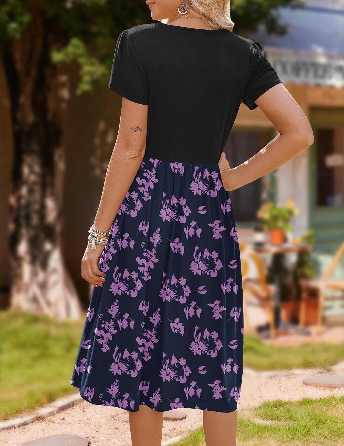 image:imageZeagoo Womens Midi Dress Summer Short Sleeve Dress with Pockets 2025 Casual Floral TShirt Dress Flowy Beach SundressLeaf Print2