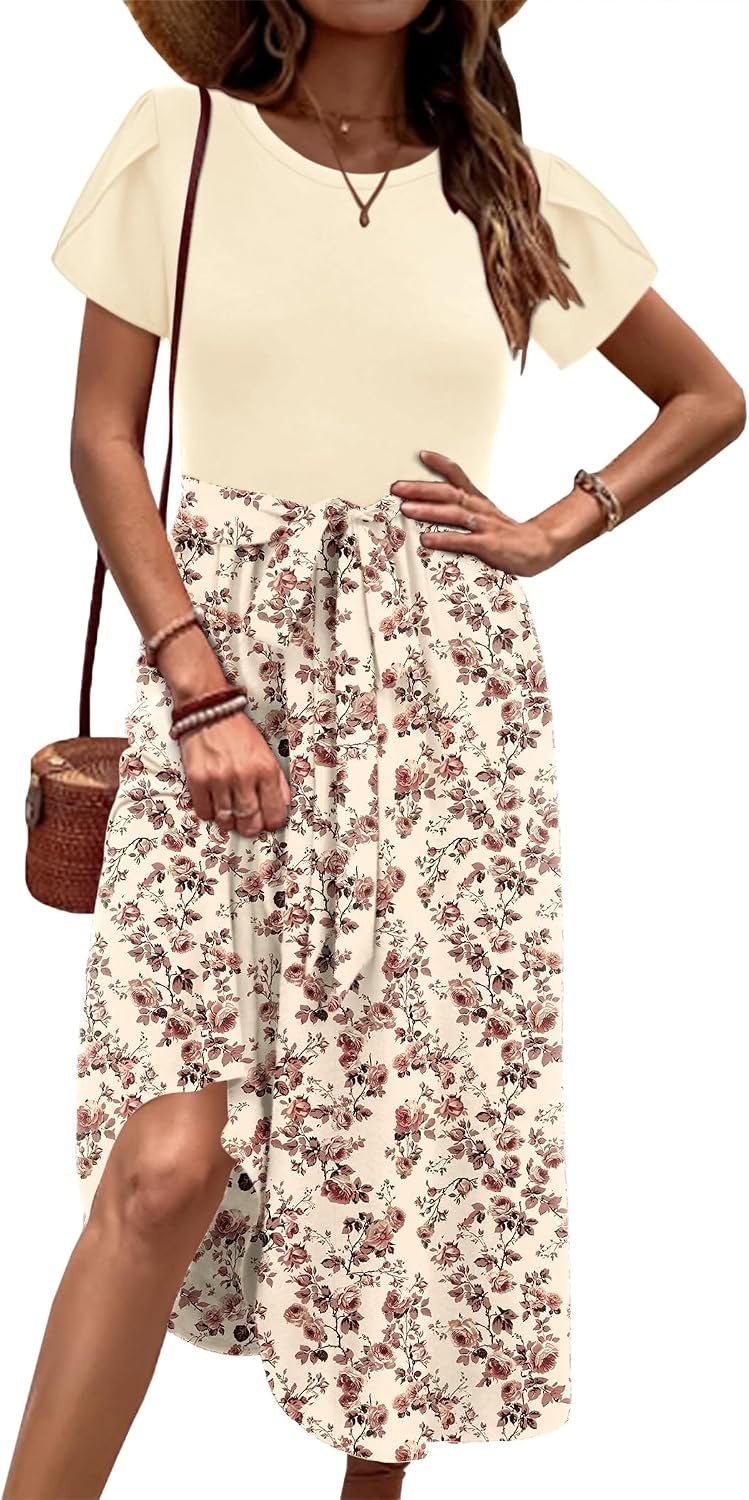 image:imageZeagoo Womens Midi Dress Summer Short Sleeve Dress with Pockets 2025 Casual Floral TShirt Dress Flowy Beach SundressLight Khakfloral