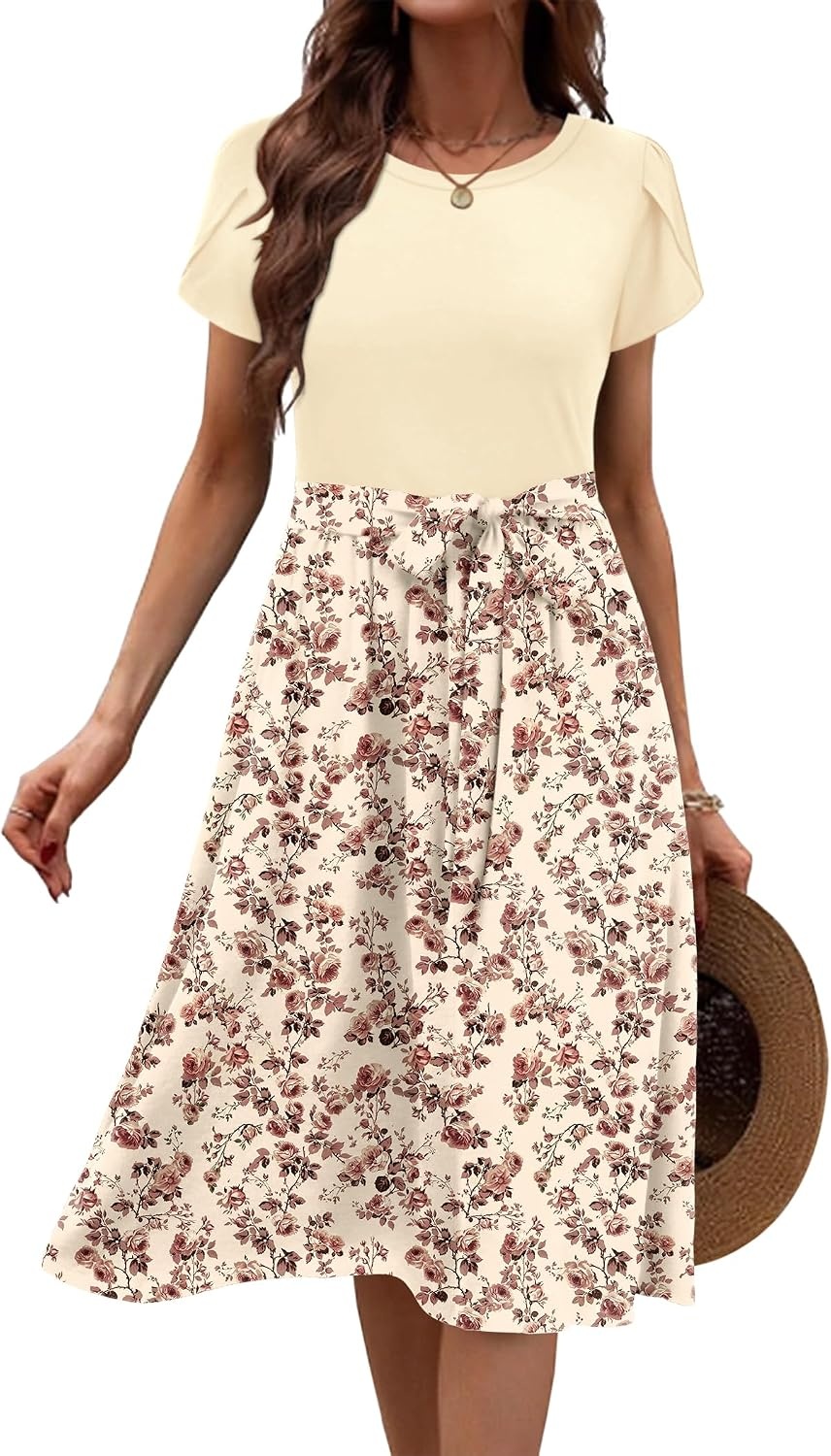 image:imageZeagoo Womens Midi Dress Summer Short Sleeve Dress with Pockets 2025 Casual Floral TShirt Dress Flowy Beach SundressLight Khakfloral