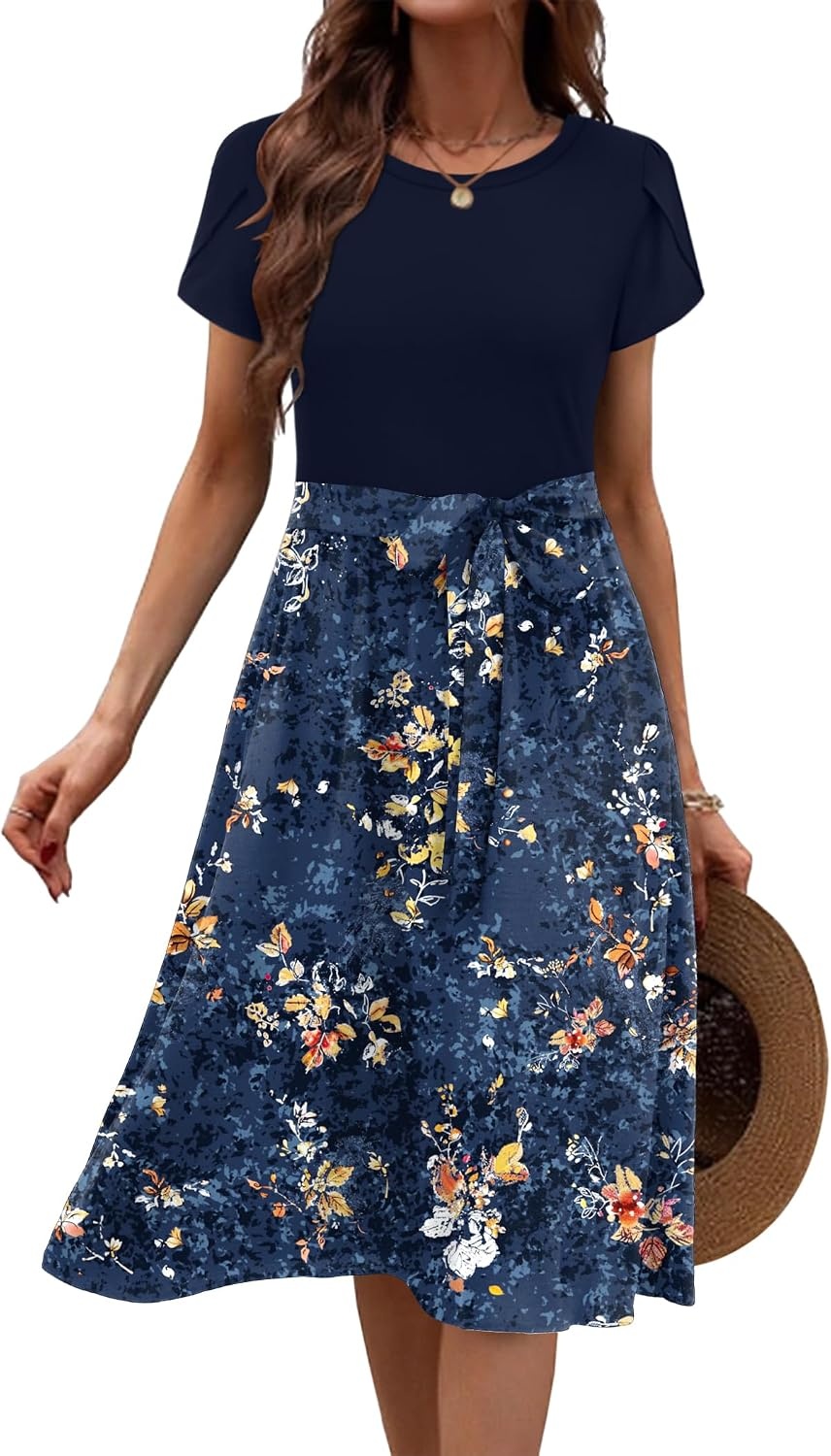 image:imageZeagoo Womens Midi Dress Summer Short Sleeve Dress with Pockets 2025 Casual Floral TShirt Dress Flowy Beach SundressNavybluefloral