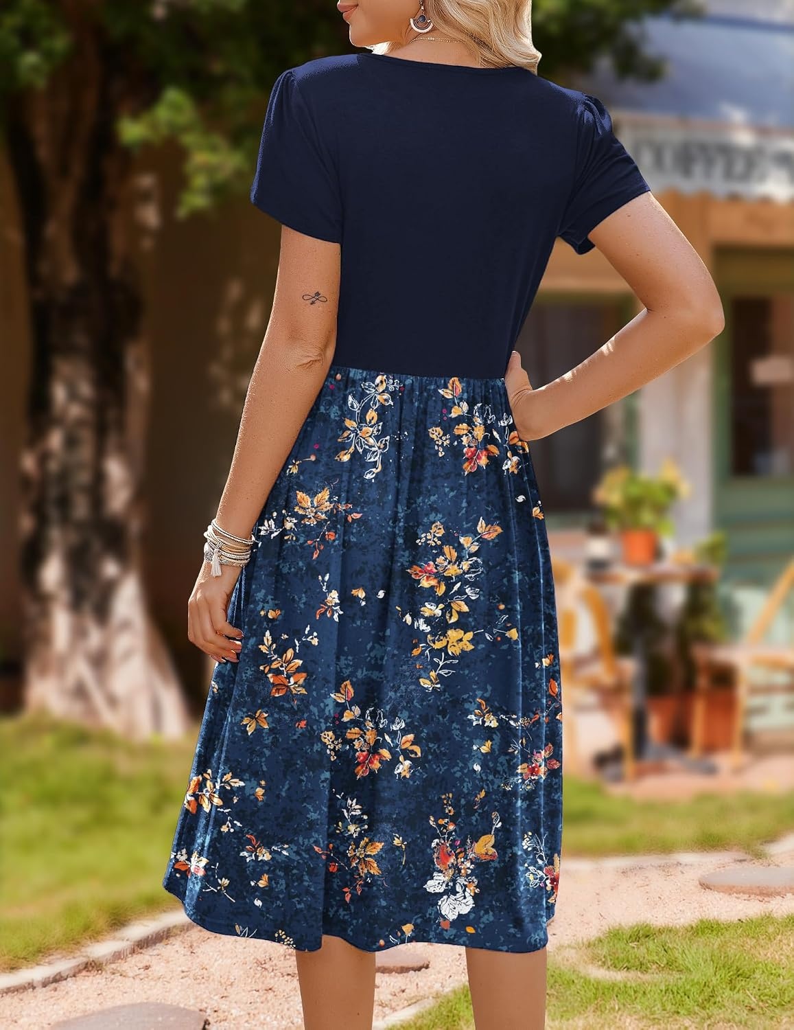 image:imageZeagoo Womens Midi Dress Summer Short Sleeve Dress with Pockets 2025 Casual Floral TShirt Dress Flowy Beach SundressNavybluefloral