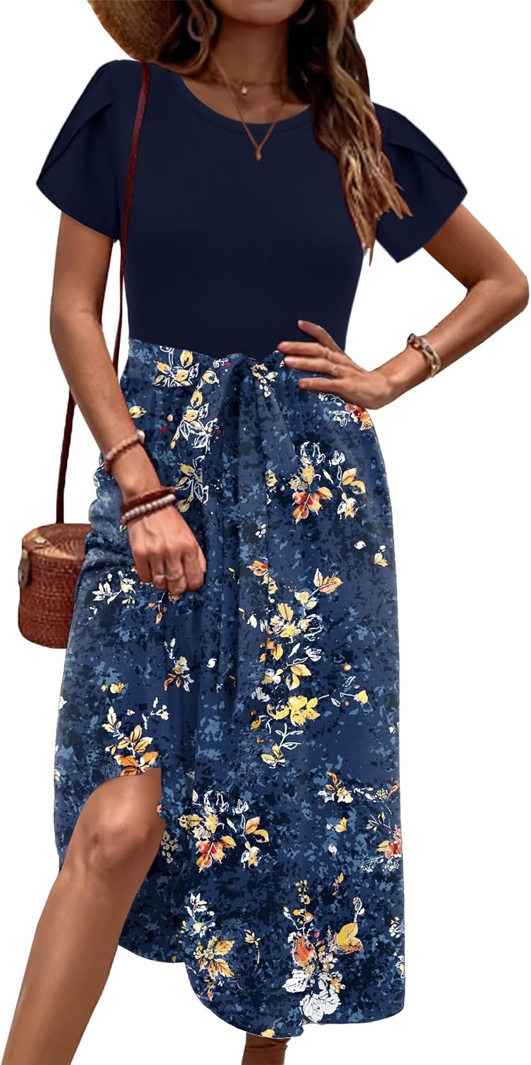 image:imageZeagoo Womens Midi Dress Summer Short Sleeve Dress with Pockets 2025 Casual Floral TShirt Dress Flowy Beach SundressNavybluefloral