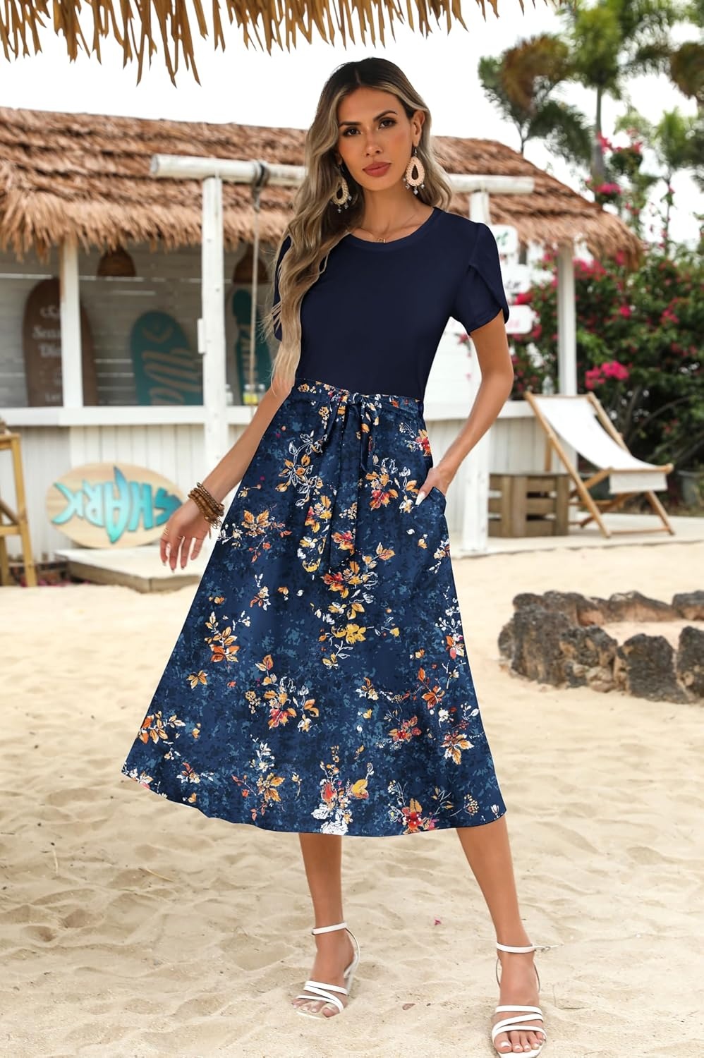image:imageZeagoo Womens Midi Dress Summer Short Sleeve Dress with Pockets 2025 Casual Floral TShirt Dress Flowy Beach SundressNavybluefloral