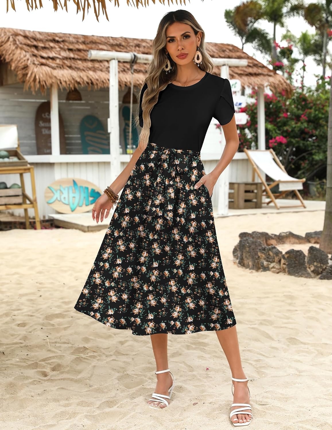 image:imageZeagoo Womens Midi Dress Summer Short Sleeve Dress with Pockets 2025 Casual Floral TShirt Dress Flowy Beach SundressPat72