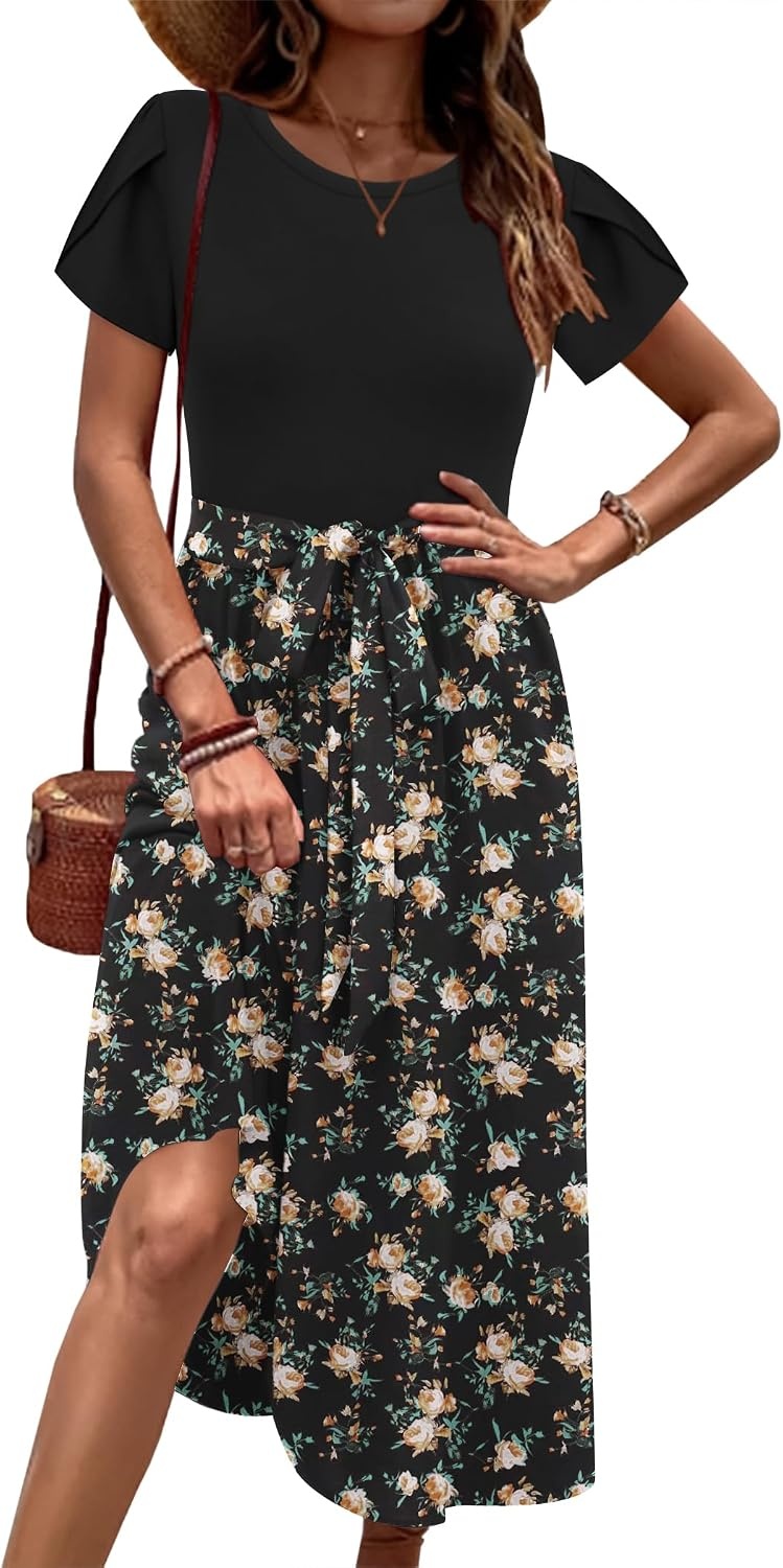 image:imageZeagoo Womens Midi Dress Summer Short Sleeve Dress with Pockets 2025 Casual Floral TShirt Dress Flowy Beach SundressPat72